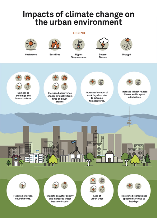 Infographic showing the impacts of climate change on the urban environment