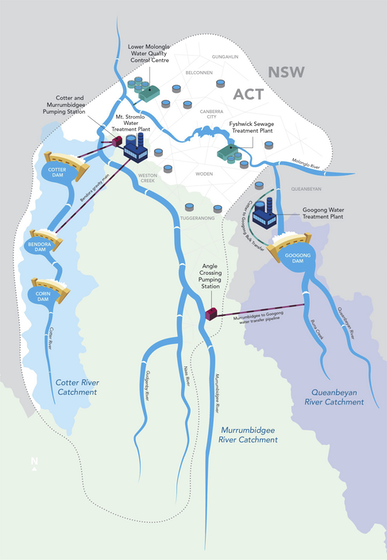 Stylised map showing the ACT's water network, as described in the preceding paragraph