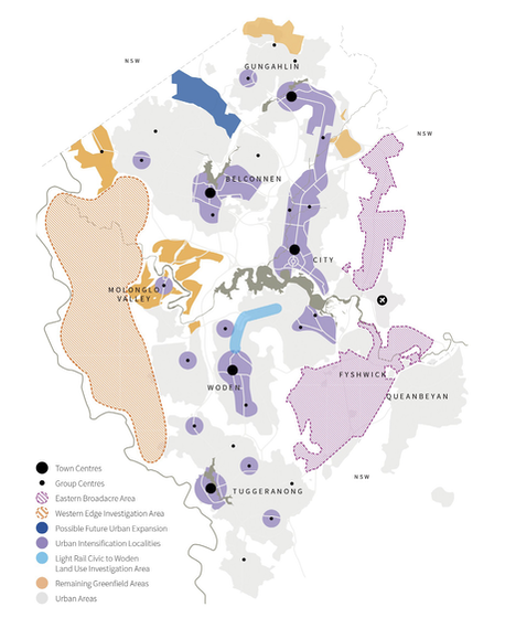 Stylised map showing areas for current and future urban growth in the ACT